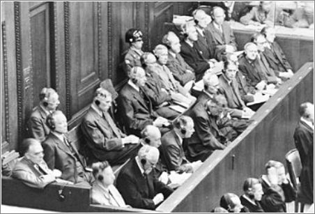 The defendants in the dock on the first day (August 27, 1947) of the IG Farben Tri